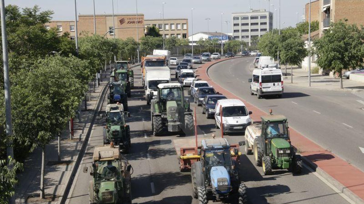 Una cinquantena de tractors col·lapsen el centre de Lleida en una protesta contra la crisi de preus a la fruita
