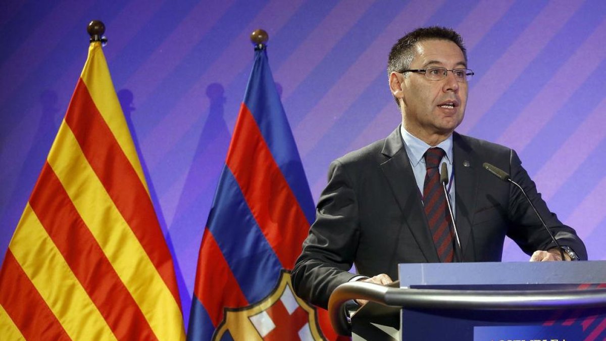 Josep Maria Bartomeu, ahir mentre es dirigia a l’Assemblea de Socis Compromissaris del FC Barcelona.