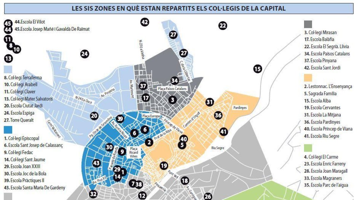 Les sis zones en què estan repartits els col·legis a Lleida ciutat