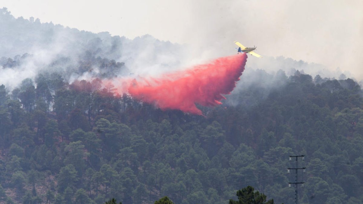 Una avioneta realiza labores de extinción del incendio.