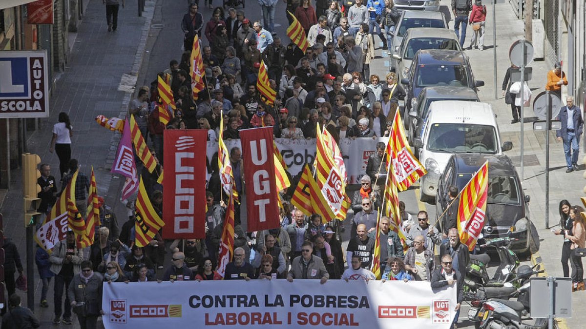 Imatge de la manifestació del passat 1 de maig a la ciutat de Lleida, que va reclamar ocupació de qualitat.