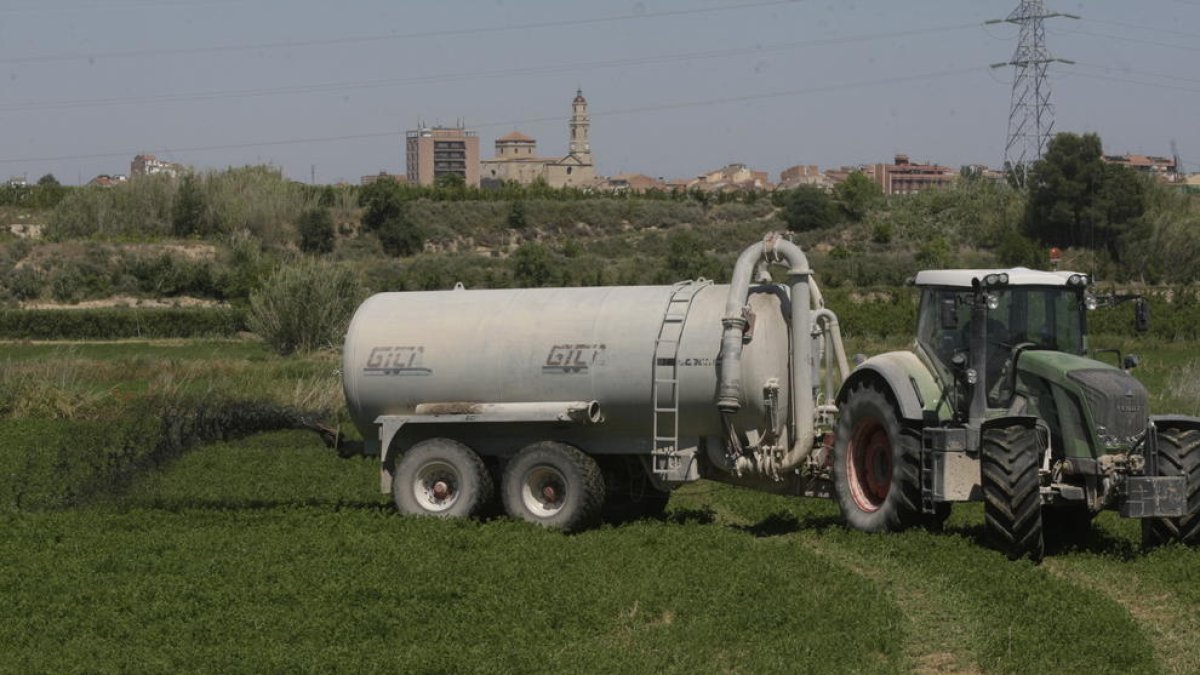 Imagen de archivo de una cisterna aplicando purines en un campo de alfalfa en Les Borges.