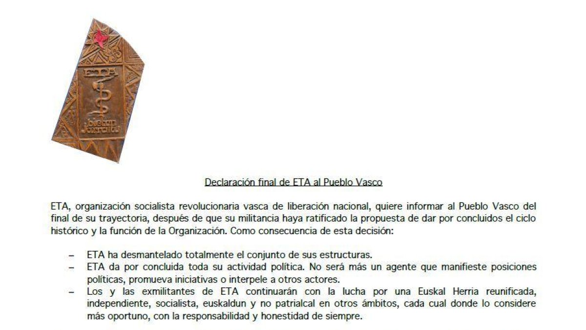 Llegeix íntegrLlegeix íntegre el comunicat d'ETAe el comunicat d'ETA