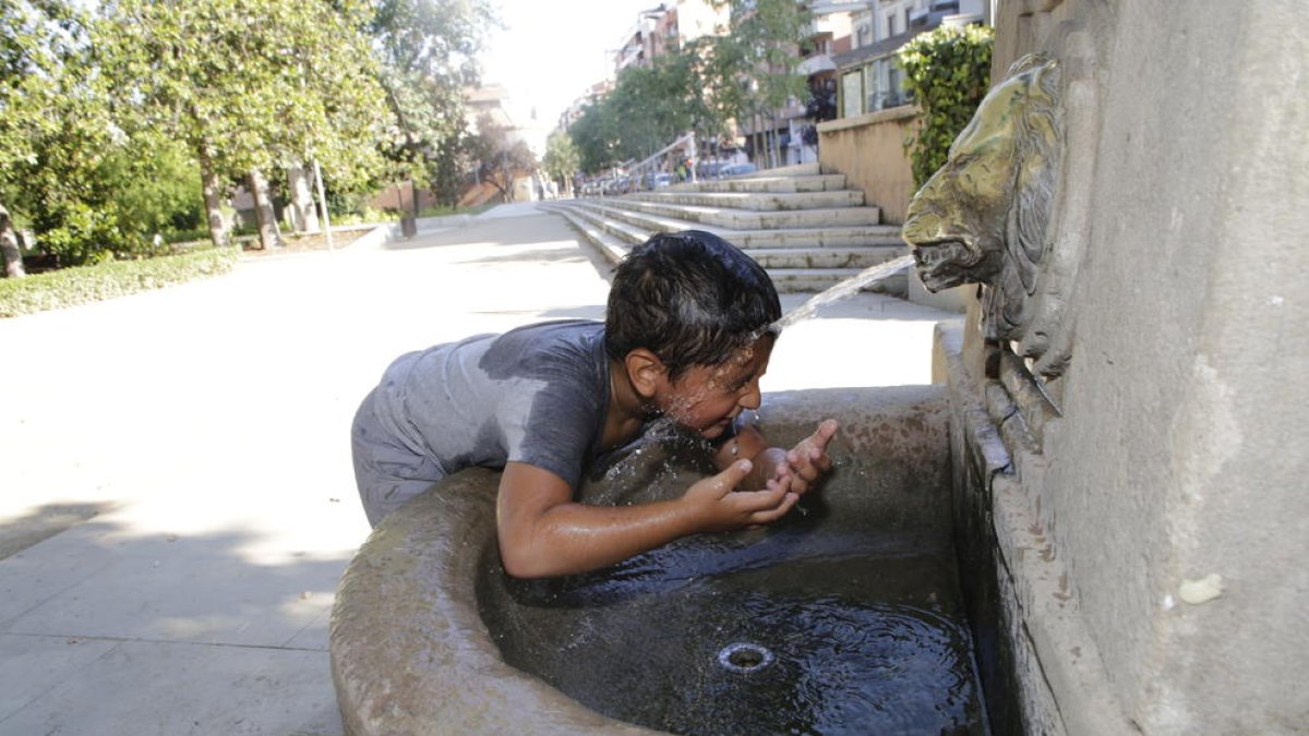 Un nen es refrescava ahir en una font de Lleida.