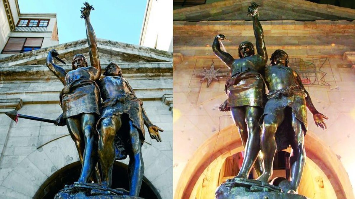 A l'esquerra, imatge d'arxiu d'Indíbil i Mandoni completa i a la dreta, el conjunt escultòric sense la llança.
