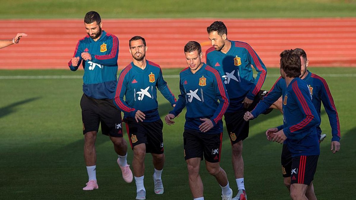 La selección española durante un entrenamiento.