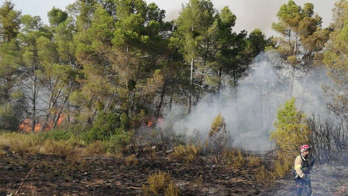 Tasques d’extinció ahir a l’incendi de l’Espluga Calba.