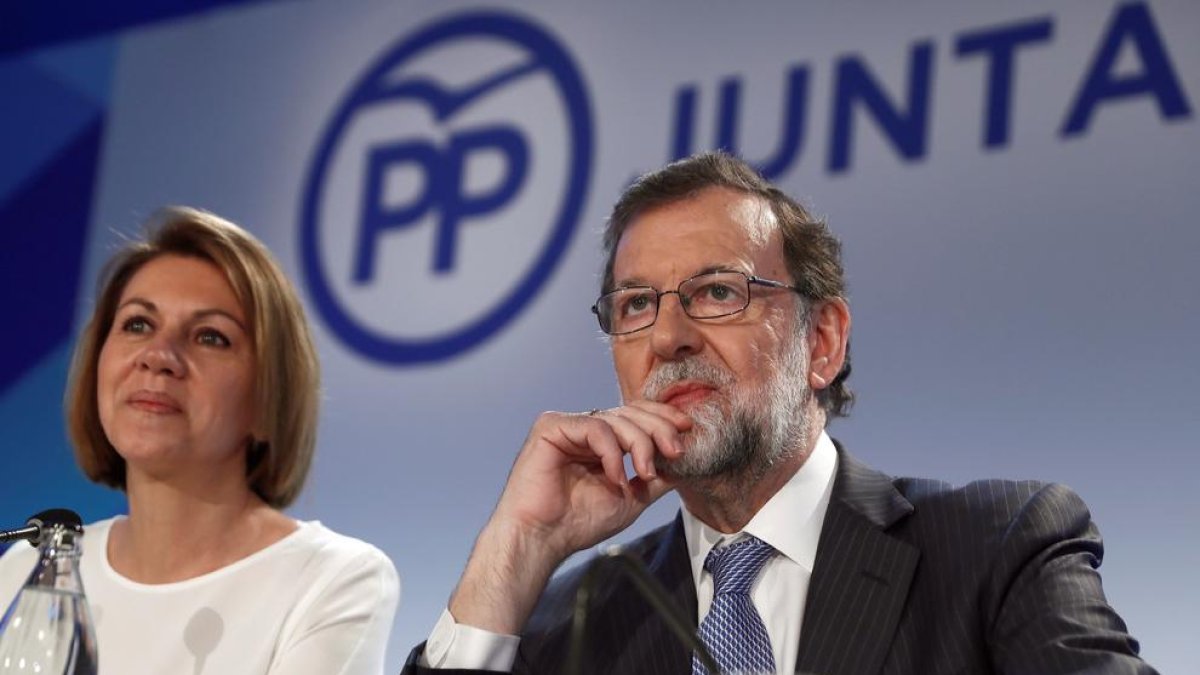 El president del PP, Mariano Rajoy, ahir, durant la junta directiva.