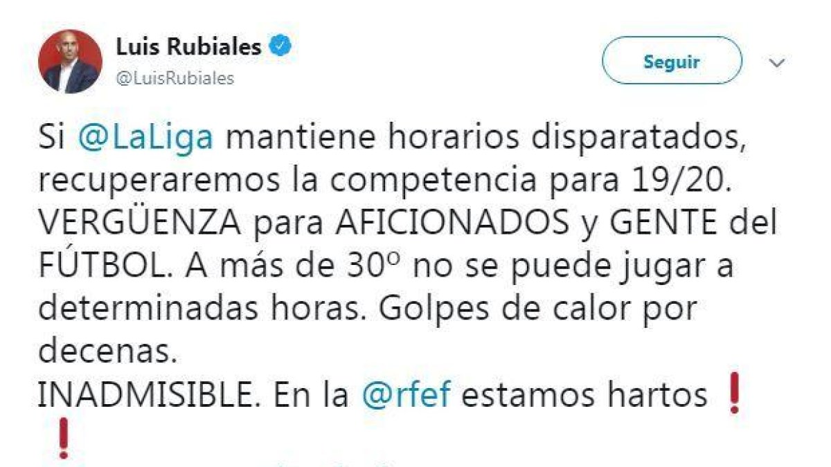 Rubiales esclata contra La Liga pels horaris