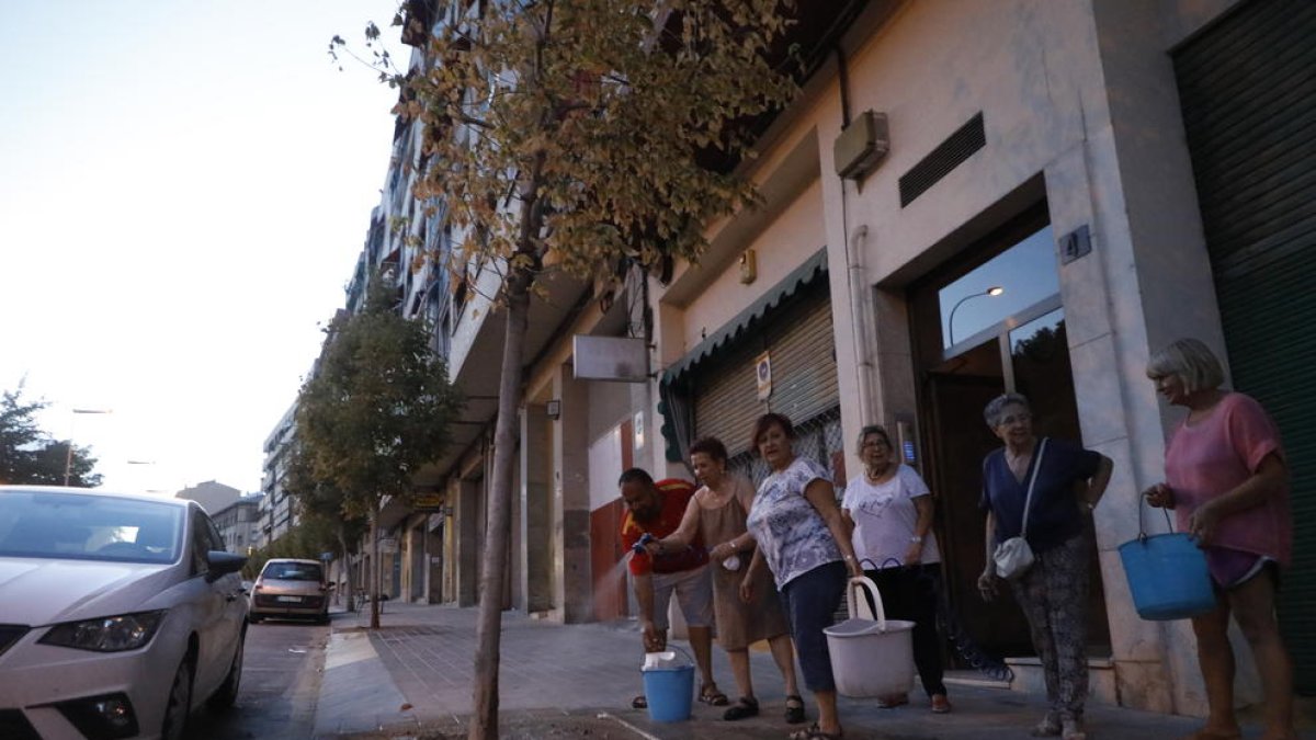 Los vecinos ayer con cubos y una manguera regando los árboles en Cardenal Cisneros.