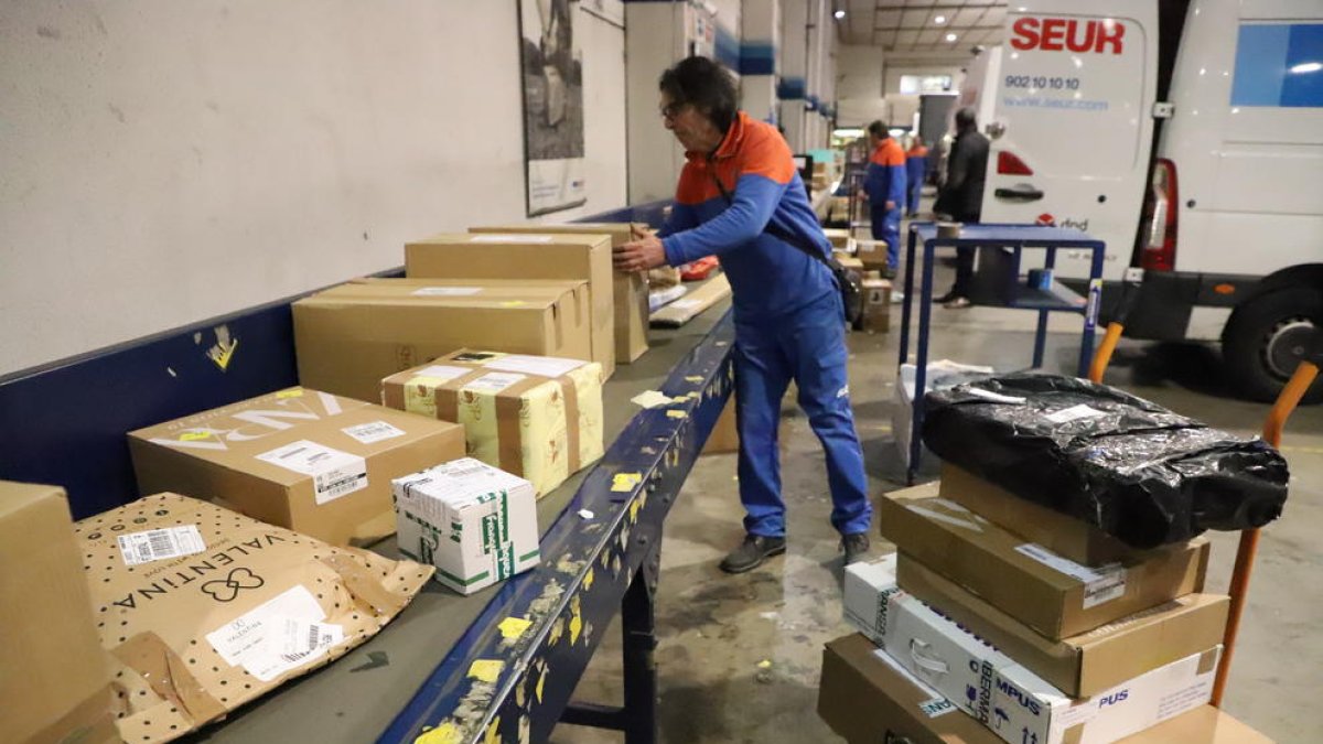 Un empleado de Seur reparte los distintos paquetes en las furgonetas para hacer los envíos, ayer. 