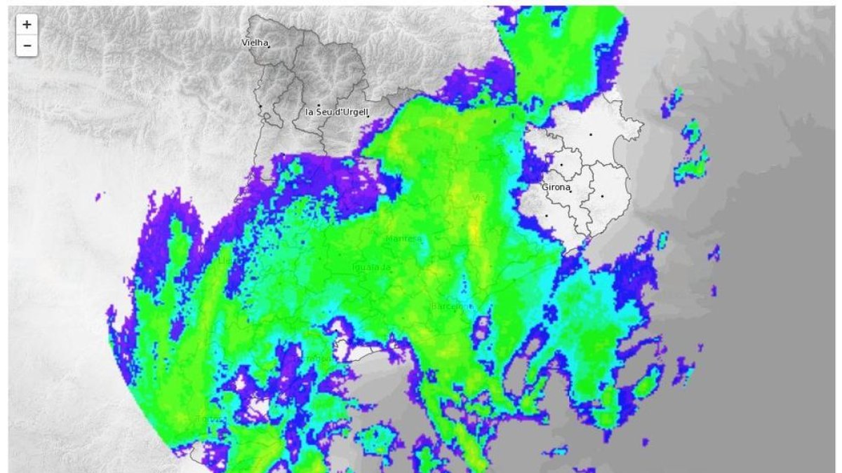 El radar de precipitació del Servei Meteorològic de Catalunya al migdia.