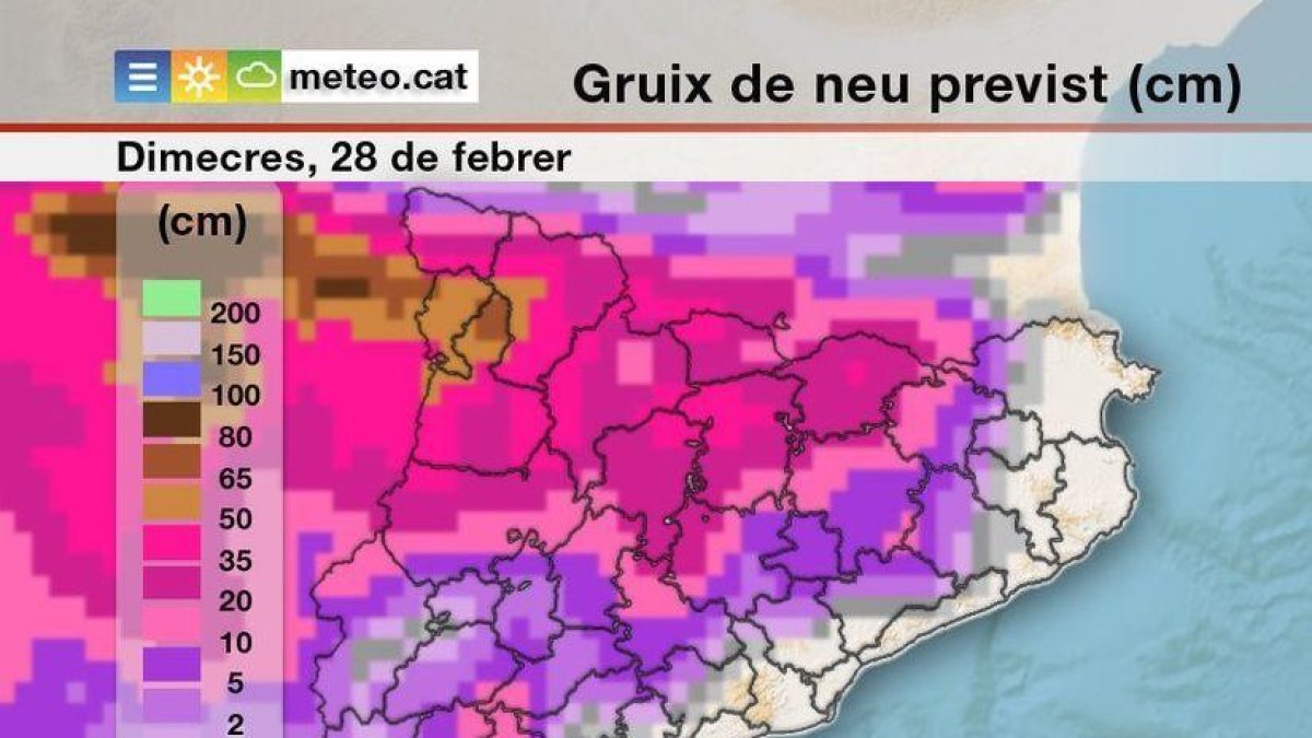 La previsió d'acumulació de neu per a dimecres.