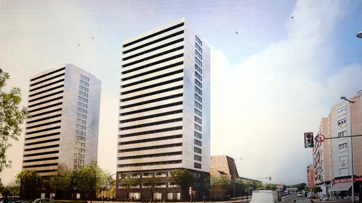 Imatge virtual de les dos futures torres de pisos al costat del palau de congressos de la Llotja.
