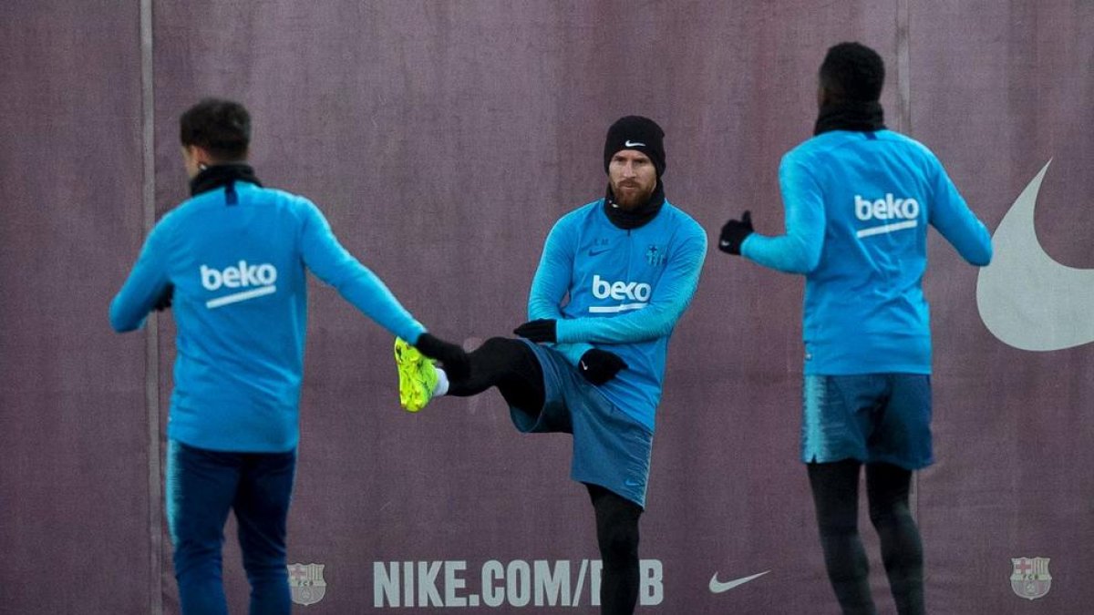 Messi, ahir durant l’entrenament de la plantilla barcelonista.