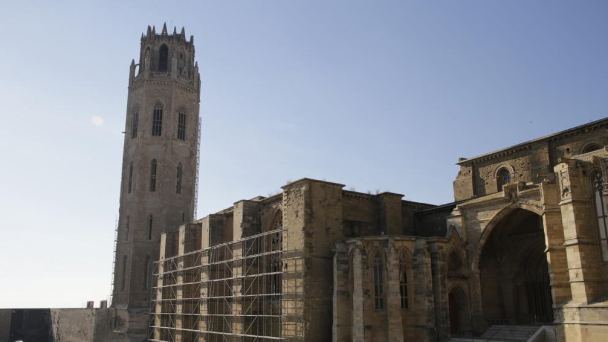 La façana del mirador del claustre de la Seu Vella ja llueix les bastides per a les obres a les cobertes.