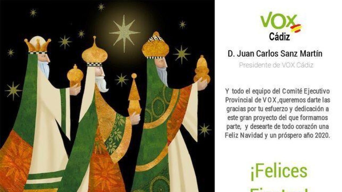 Una felicitació nadalenca de Vox Cádiz es fa viral en ser els tres Reis Mags blancs