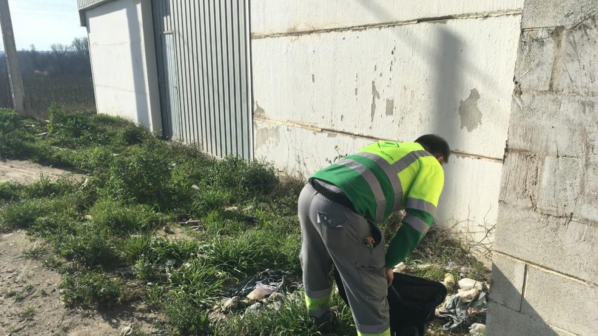 Un operario de Alcarràs retira plásticos en el entorno del pueblo.