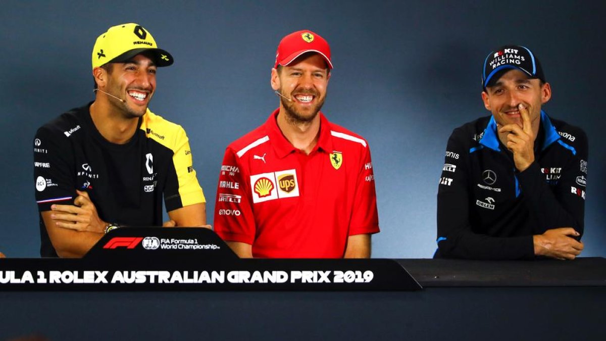 Daniel Ricciardo, de Renault, el alemán Sebastian Vettel, de Ferrari, y Kubica, de Williams.