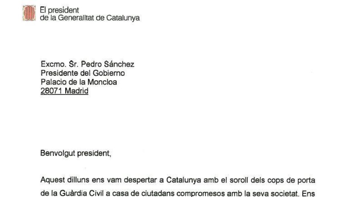 Torra pide por carta a Sánchez explicaciones por las detenciones