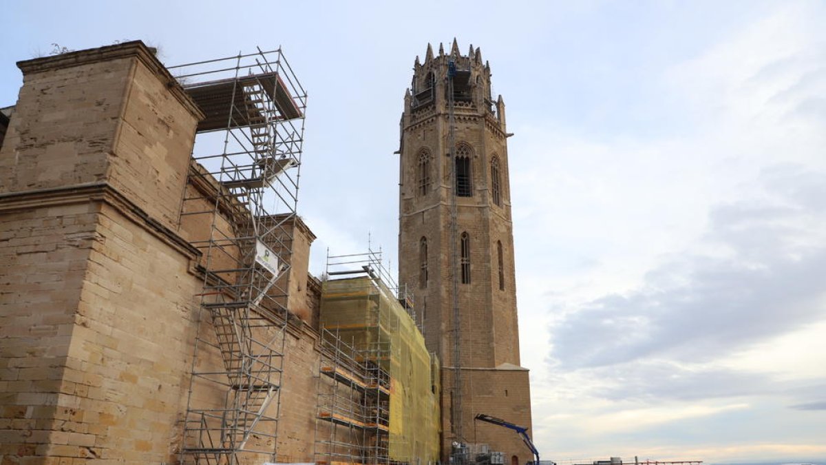 Los andamios para las obras cubren desde octubre la fachada y Porta dels Apòstols de la Seu Vella.