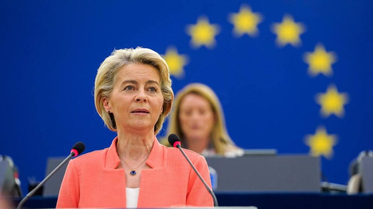 La presidenta de la Comisión Europea, Ursula Von der Leyen, durante el discurso del estado de la Unión Europea, en Estrasburgo.