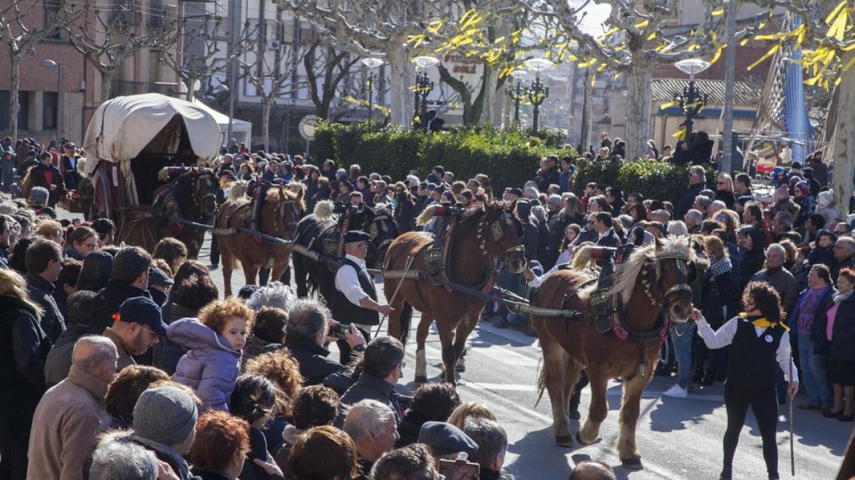 El carruaje de la familia Vilaverd de Tàrrega durante el desfile de la fiesta de los Tres Tombs de Sant Antoni en la capital del Urgell. 