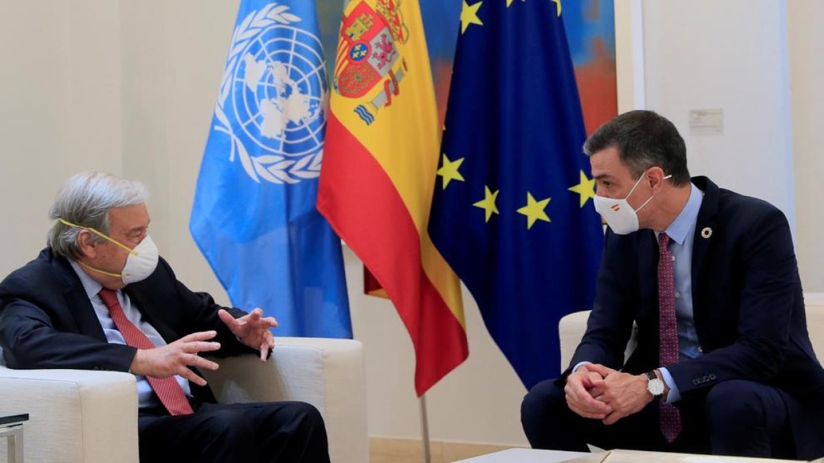 El secretari de l’ONU, Antonio Guterres, i el president Pedro Sánchez durant la reunió d’ahir.