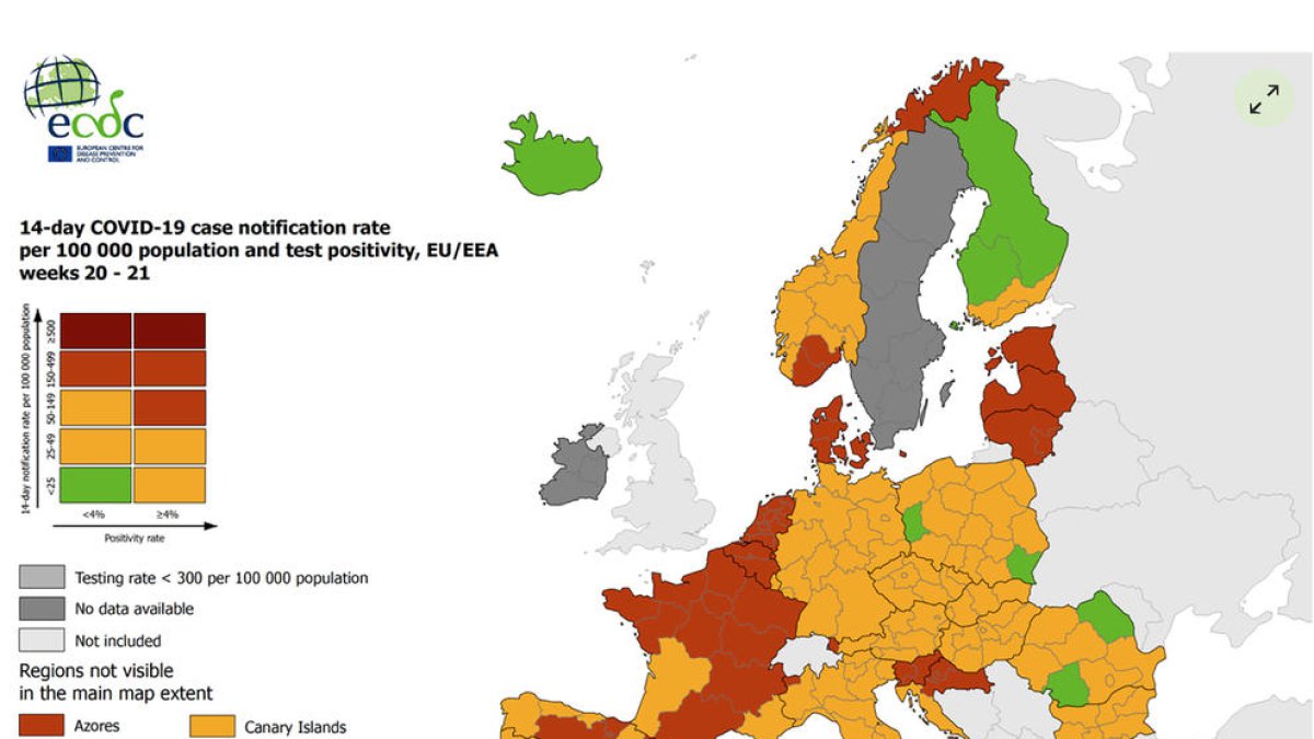 Catalunya surt de la zona vermella de contagis al mapa de la UE sobre la covid-19