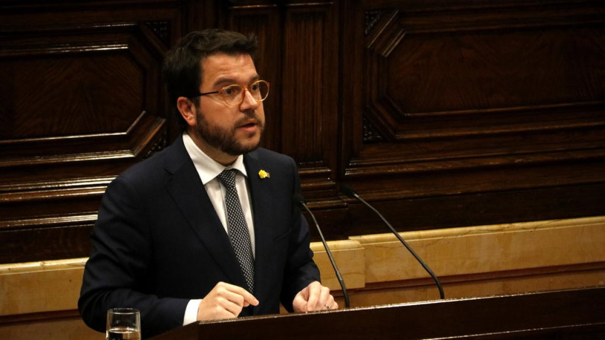 Imagen de Pere Aragonès, ayer en el Parlament de Catalunya durante su comparecencia.