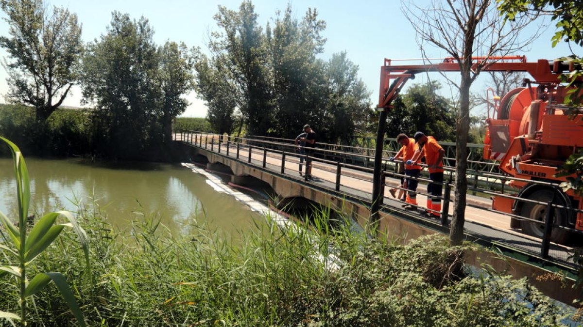 Els treballs per retirar el material del vessament d'hidrocarbur al canal de Seròs s'allargaran entre dos i tres dies