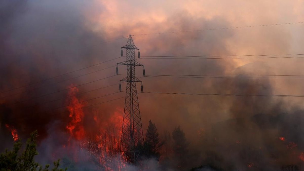 Vista d’un incendi forestal a la zona de Varimpompi, un suburbi situat al nord-est d’Atenes.