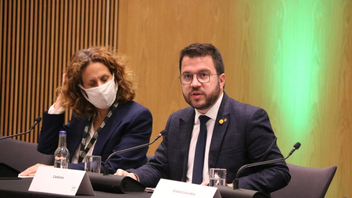 El president de la Generalitat Pere Aragonès durant la seva intervenció sobre energia i infraestructures a l'Assemblea General de la coalició 'Under2', a Glasgow.