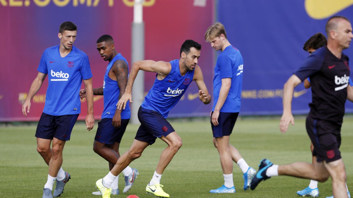 Lenglet, Malcom, Busquets y De Jong, ayer en el entrenamiento.