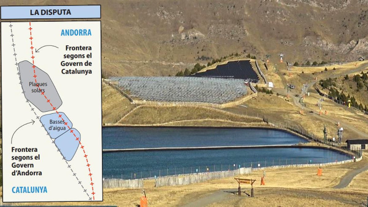 En primer término, las balsas de agua y al fondo el parque solar. A la derecha, la estación de esquí.