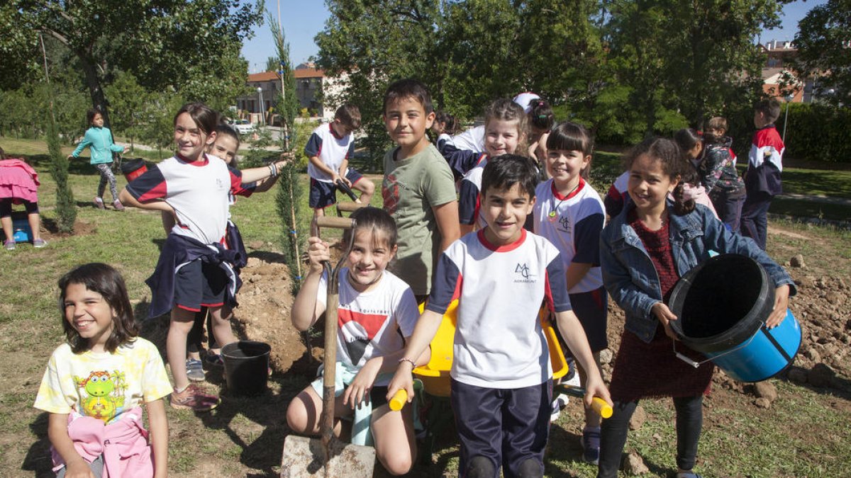 Algunos de los escolares de Agramunt que ayer participaron en una plantación de árboles. 