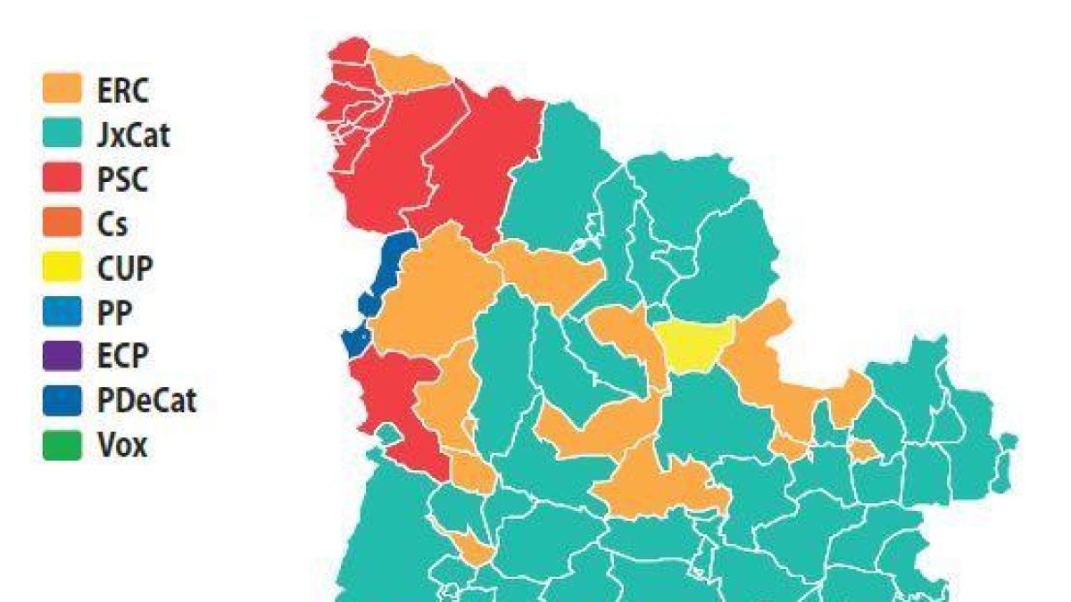 Los colores corresponden a la lista más votada por municipio.