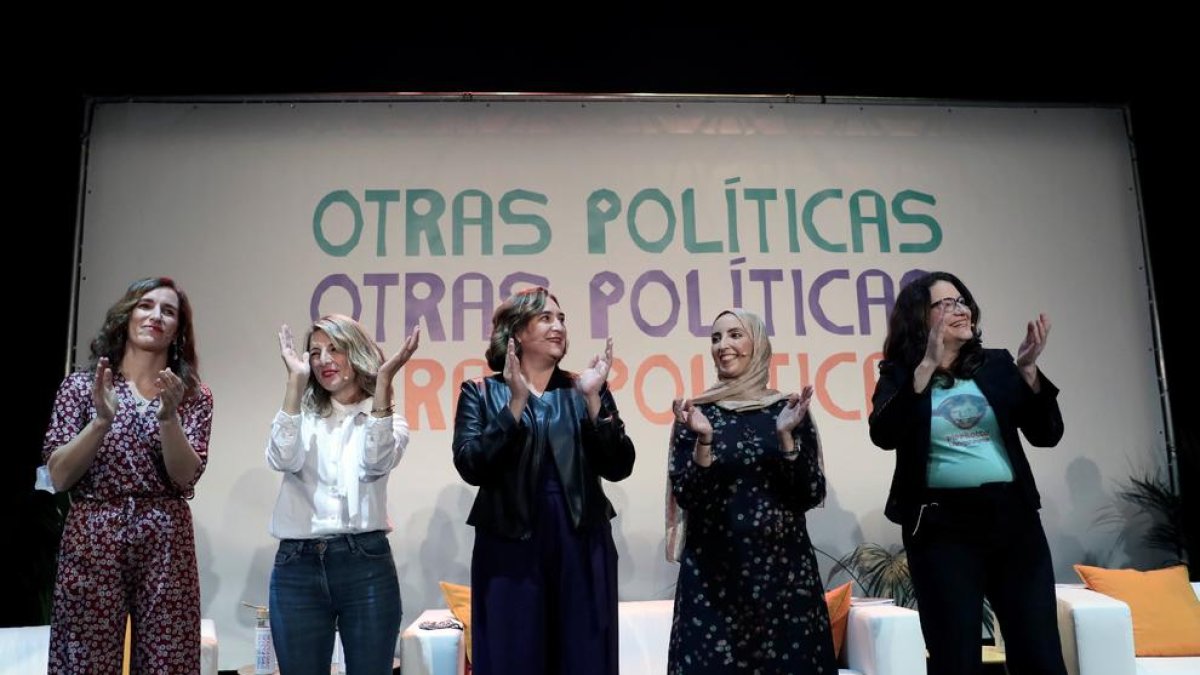 Oltra, Díaz y  Colau participaron en el acto junto a la portavoz del MDyC, Fátima Hamed, y la líder de Más Madrid, Mónica García.