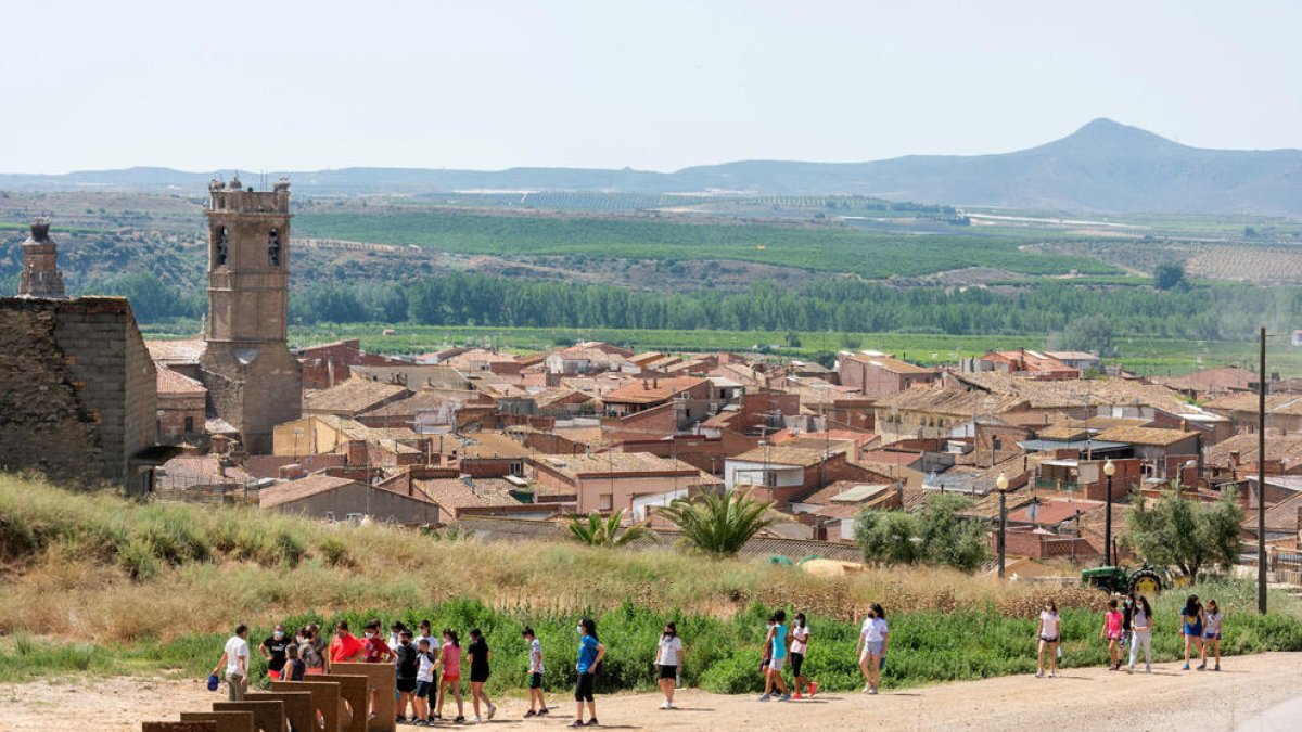 Visitants escolars, ahir a la instal·lació escultòrica de David Bestué a la zona del Castell de Seròs.