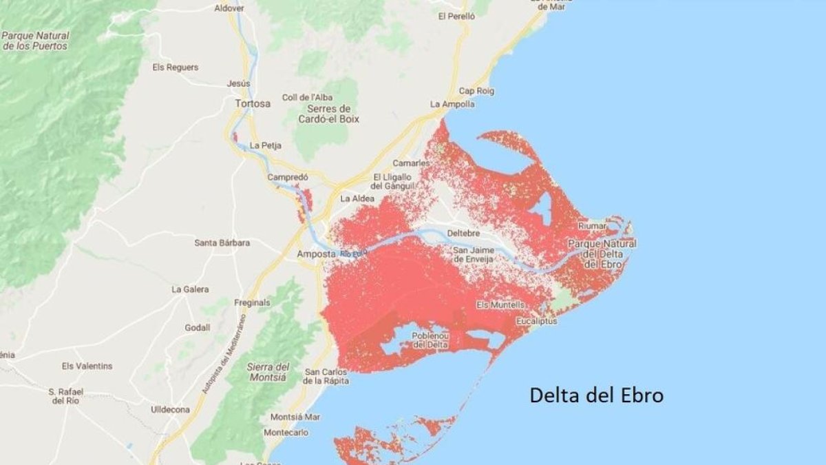 En rojo, la zona afectada por la subida del nivel del mar.