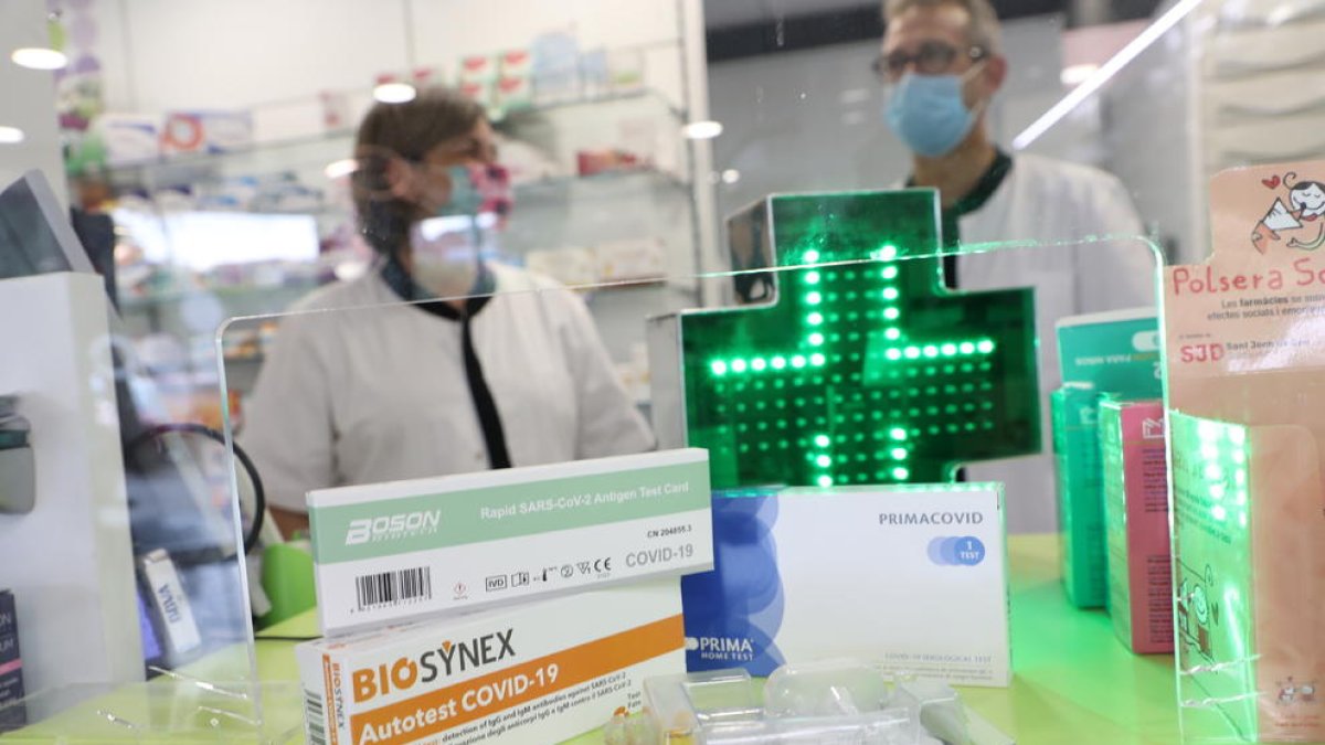 Varios envases de test de antígenos en un farmacia de Lleida.