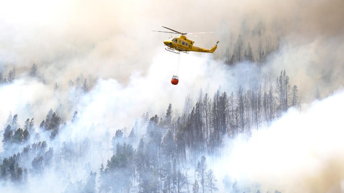 Un helicóptero descarga agua sobre el incendio forestal en Tenerife.