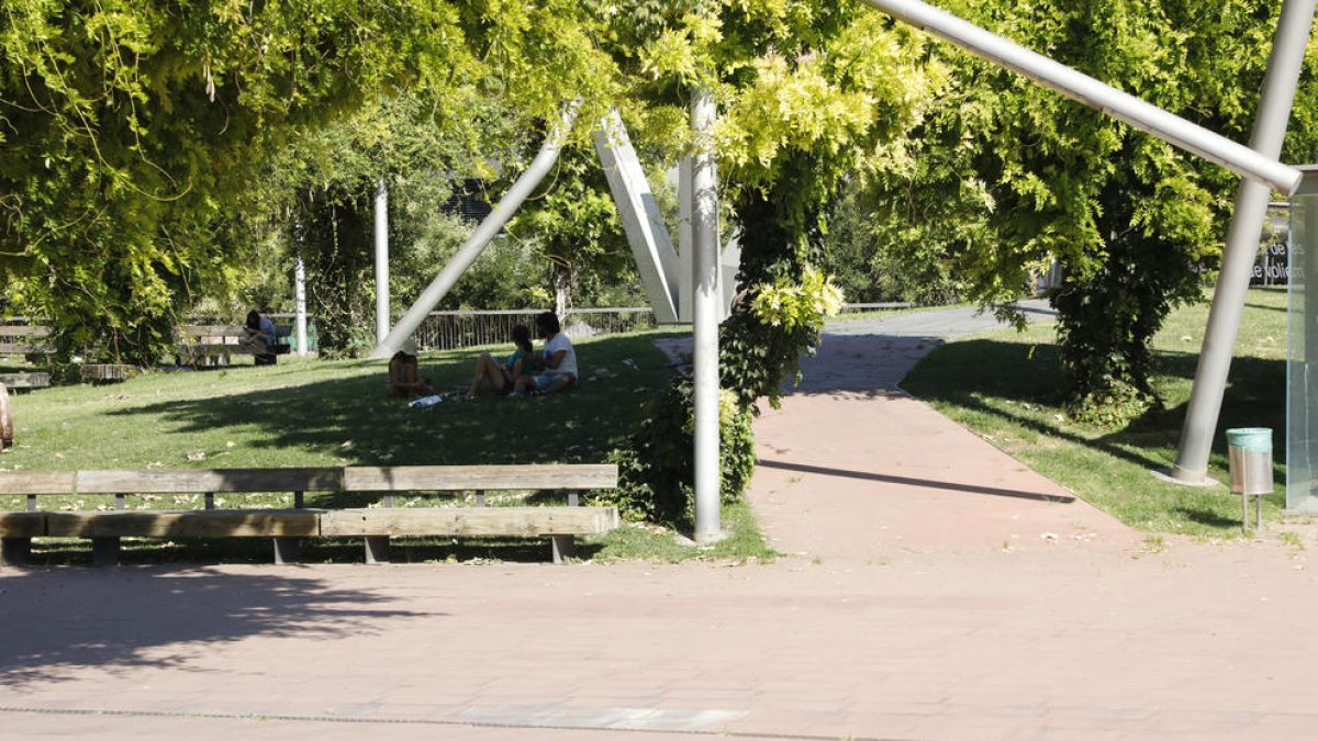 Dos jóvenes se refugian del sol bajo un árbol ayer en un parque de Lleida, que llegó a los 34ºC.