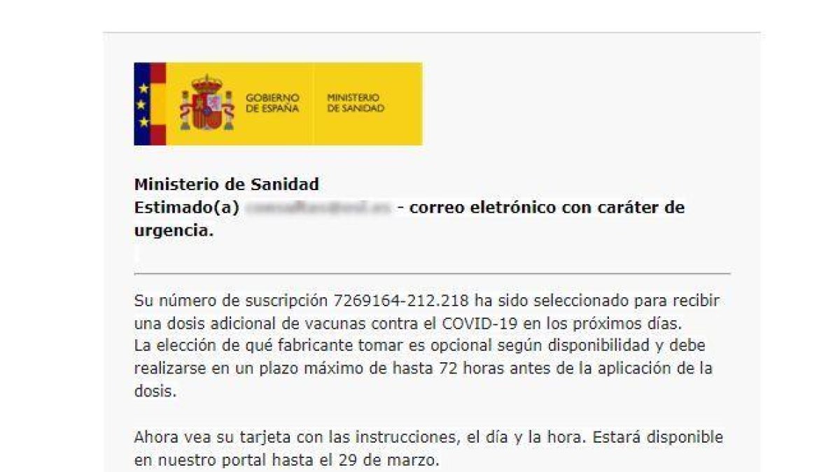 Alerta por un correo electrónico que suplanta a Sanidad