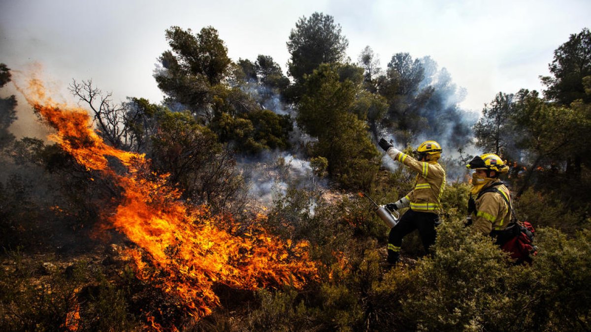 Ún dispositivo de Bomberos y de los GRAF ayer durante una quema prescrita en Maials. 