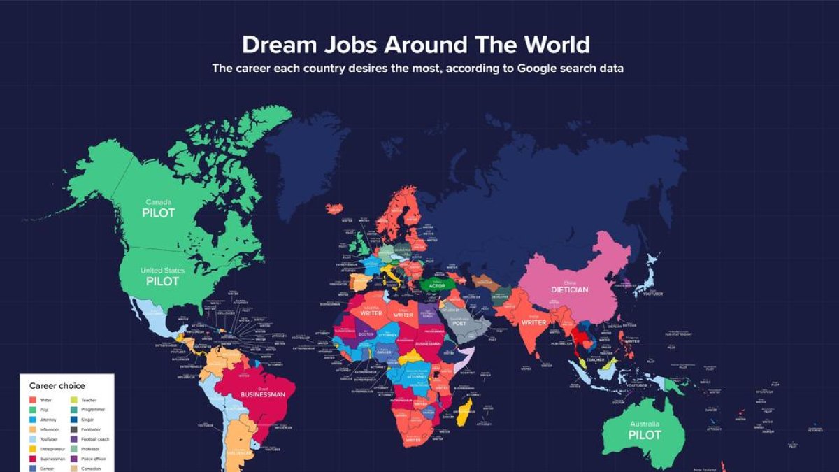 Mapa creado por Remitly con los trabajos más buscados en cada país.