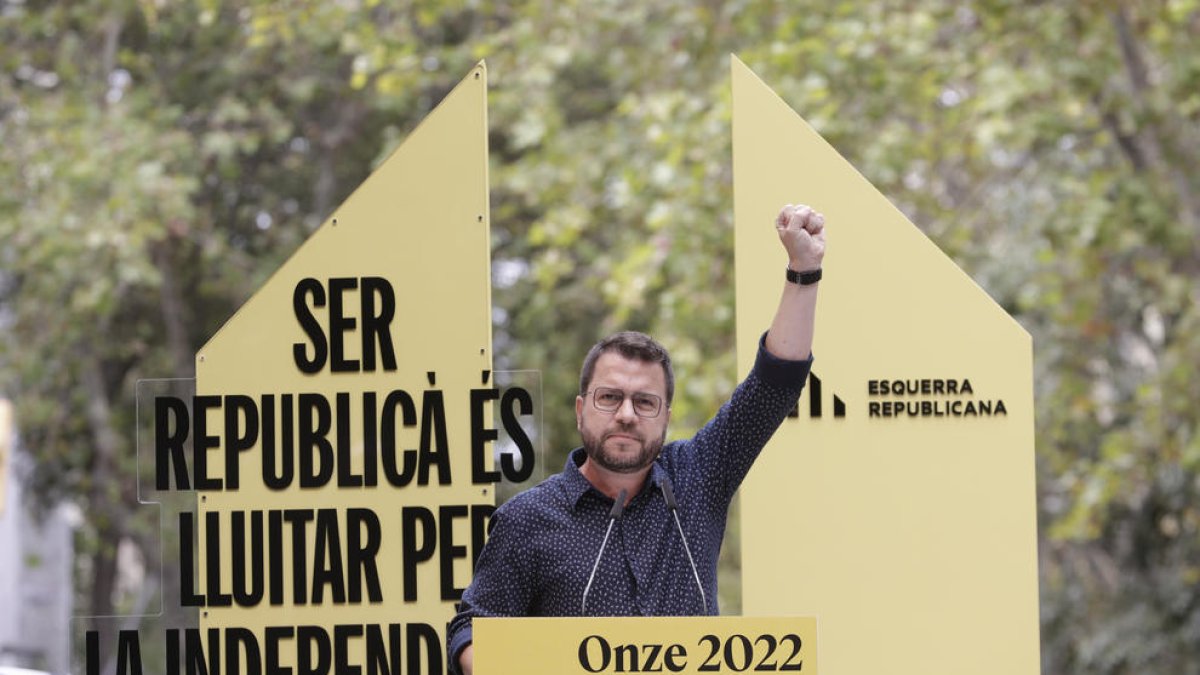 El president de la Generalitat, Pere Aragonès, ahir a l’acte polític d’ERC amb motiu de la Diada.