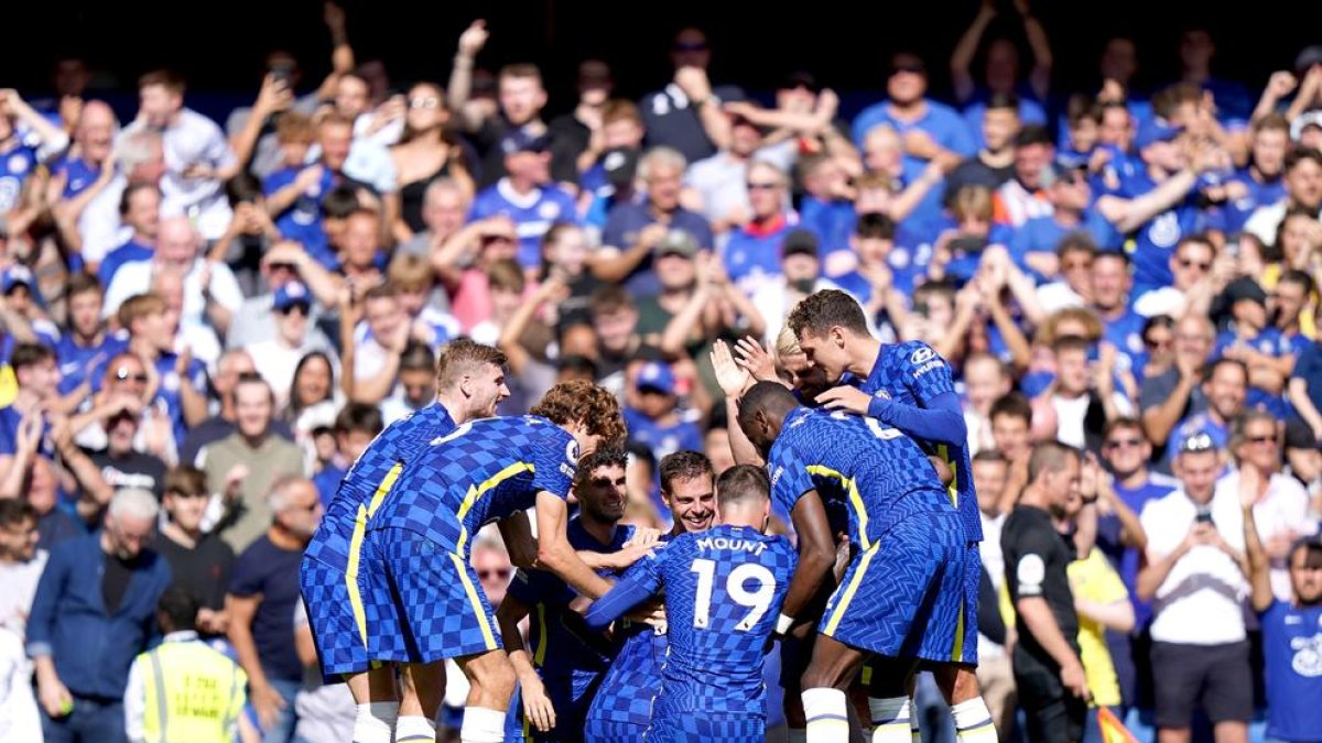 El Chelsea, durant la celebració d’un gol a la Premier League.
