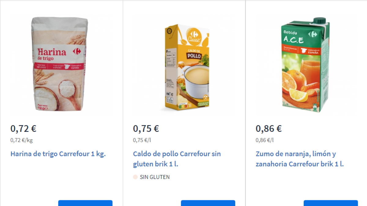 Imatge del web de Carrefour on es detallen els productes que inclou la cistella bàsica.