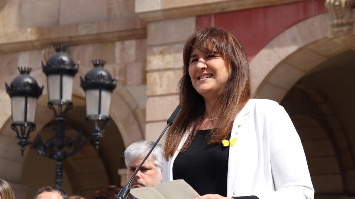 La presidenta del Parlament suspendida, Laura Borràs, durante su comparecencia justo después de ser condenada por prevaricación y falsedad documental.